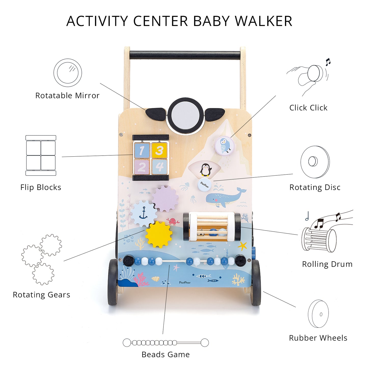 PairPear Polar Explorer Wooden Baby Walker, Montessori 9-in-1 Activity Push Walker Activity Center Toys with Adjustable Speed & Height, Penguin Mirror, Shape Sorter Learning Toys Gift for Toddler 1-3
