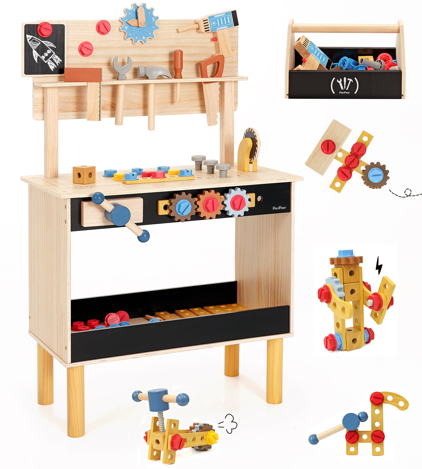 PairPear Wooden Kids Tool Bench & Carry Toolbox – 71 Pcs Pretend Play Tool Workbench with Drills, Kids Construction Toy Workbench Workshop for Boys Girls Age 3+