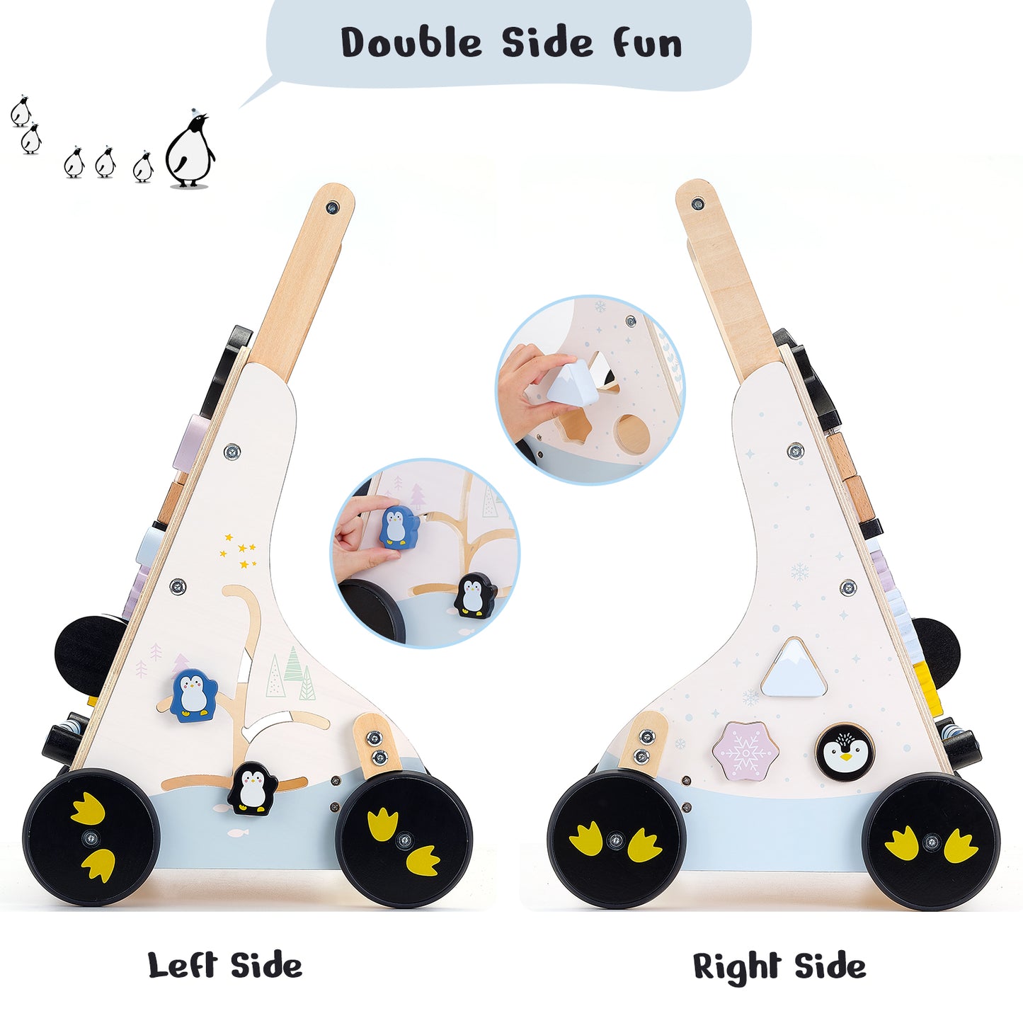 PairPear Polar Explorer Wooden Baby Walker, Montessori 9-in-1 Activity Push Walker Activity Center Toys with Adjustable Speed & Height, Penguin Mirror, Shape Sorter Learning Toys Gift for Toddler 1-3