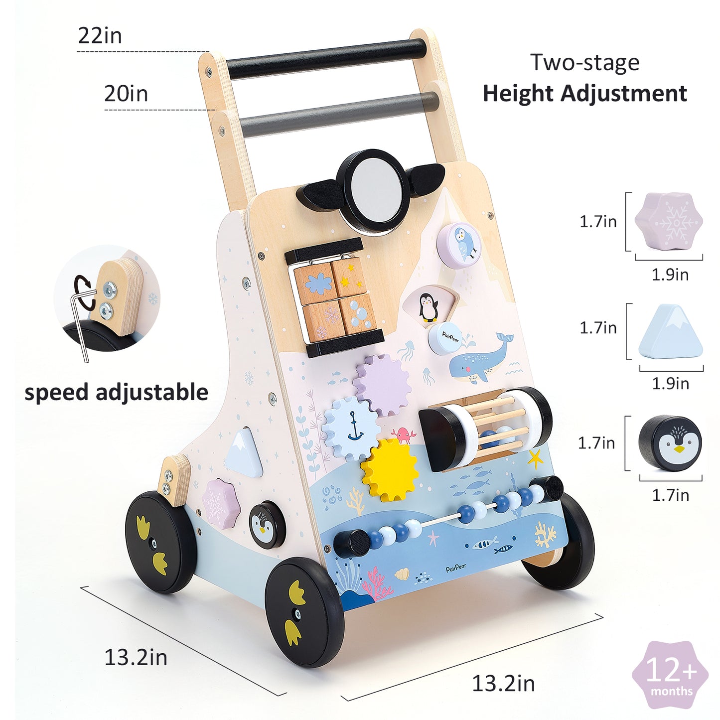 PairPear Polar Explorer Wooden Baby Walker, Montessori 9-in-1 Activity Push Walker Activity Center Toys with Adjustable Speed & Height, Penguin Mirror, Shape Sorter Learning Toys Gift for Toddler 1-3