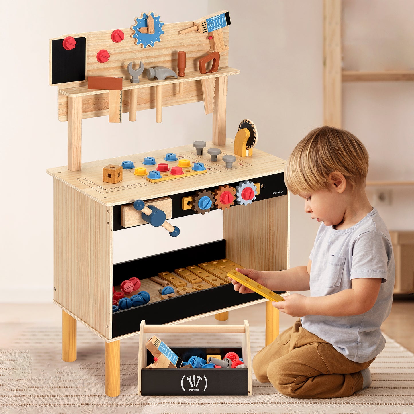 PairPear Wooden Kids Tool Bench & Carry Toolbox – 71 Pcs Pretend Play Tool Workbench with Drills, Kids Construction Toy Workbench Workshop for Boys Girls Age 3+