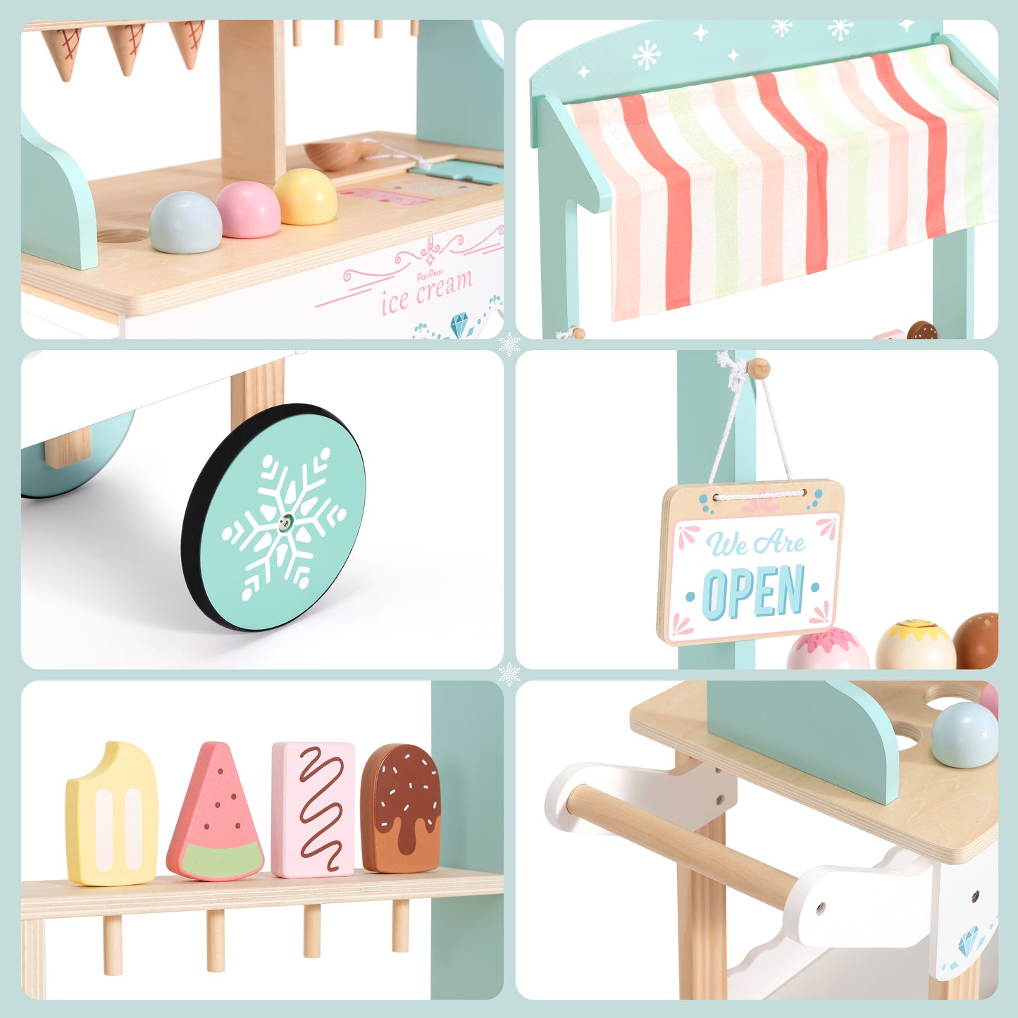 PairPear Large Wooden Ice Cream & Grocery Cart, 2 in 1 Pretend Play Ice Cream Truck Market Stand with 15 Play Food Pieces, Rolling Food Truck Toy for Kids Ages 3+
