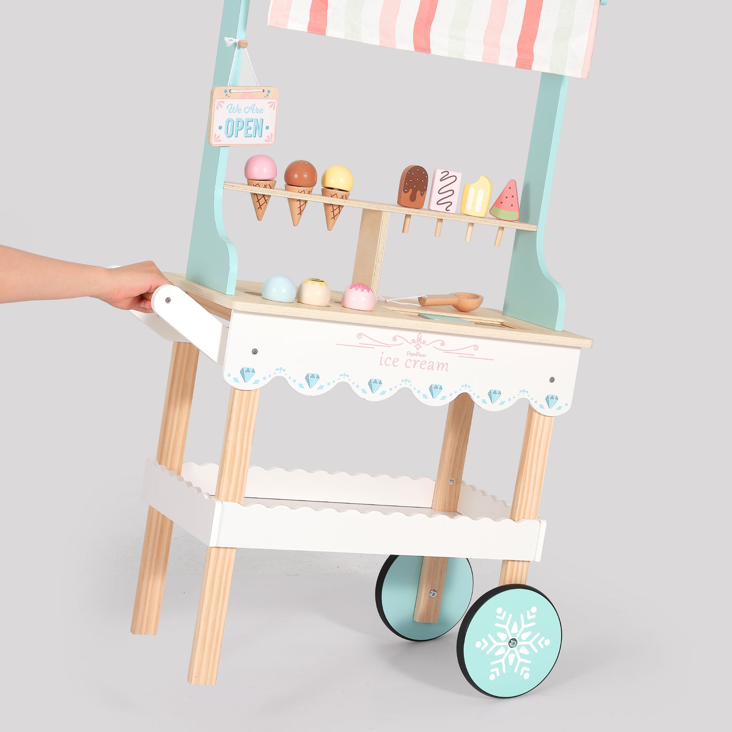 PairPear Large Wooden Ice Cream & Grocery Cart, 2 in 1 Pretend Play Ice Cream Truck Market Stand with 15 Play Food Pieces, Rolling Food Truck Toy for Kids Ages 3+
