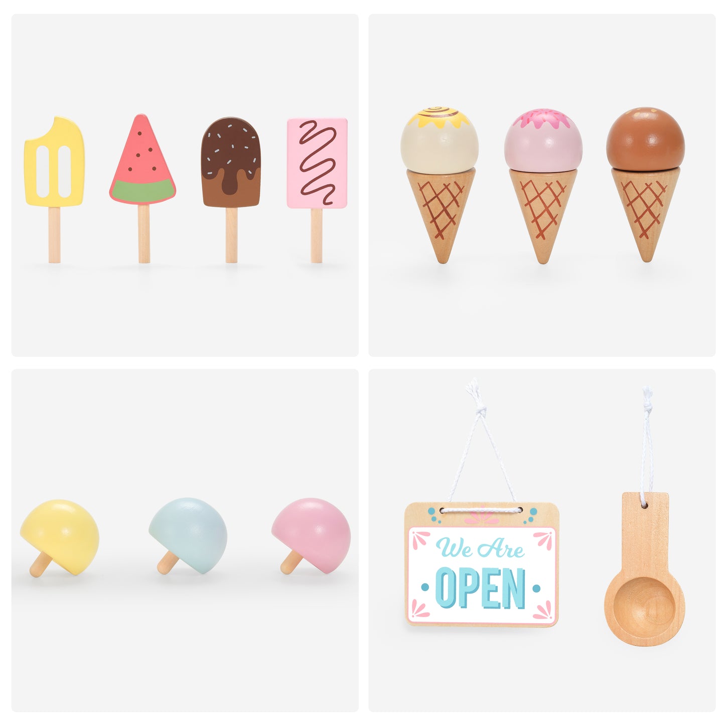 PairPear Large Wooden Ice Cream & Grocery Cart, 2 in 1 Pretend Play Ice Cream Truck Market Stand with 15 Play Food Pieces, Rolling Food Truck Toy for Kids Ages 3+