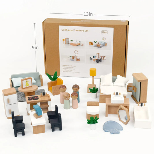 Kids miniature wooden dollhouse furniture set with a gift box. Features 35 pieces including peg dolls, a wooden bed, sofa, and kitchen accessories.