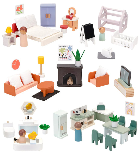 Complete 56-piece wooden dollhouse furniture set. This kids pretend play toy includes miniature beds, sofas, kitchen sets, peg dolls, and tiny decor
