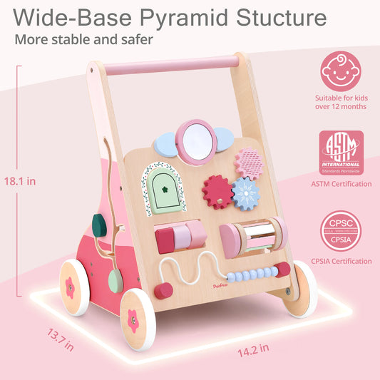 Safe wide-base pyramid structure of the toddler wooden push walker. This 18.1-inch tall activity center is ASTM and CPSIA certified for baby safety.