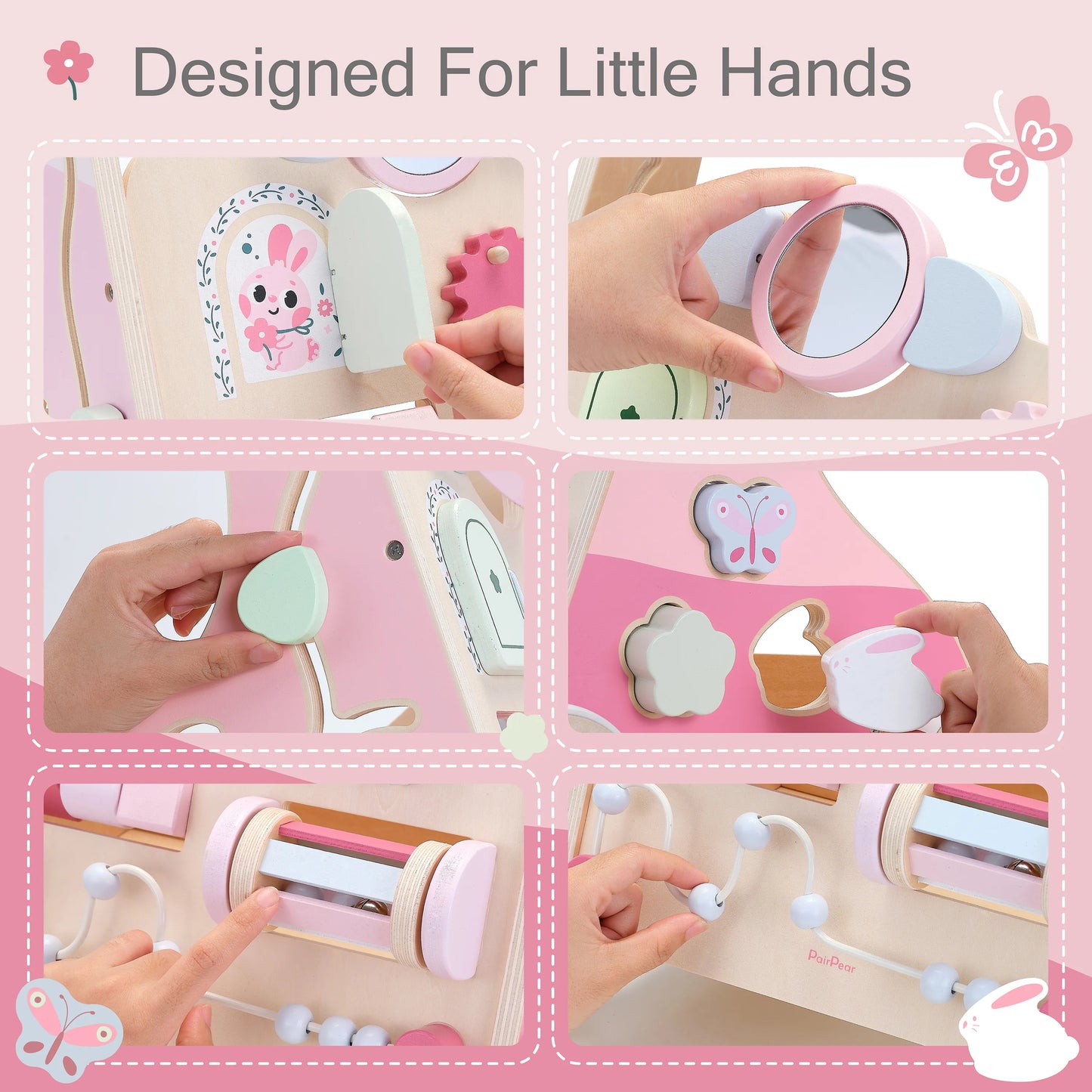 Interactive wooden baby walker toys designed for little hands. Close-up of a toddler exploring the peekaboo door, shape sorter, mirror, and beads.