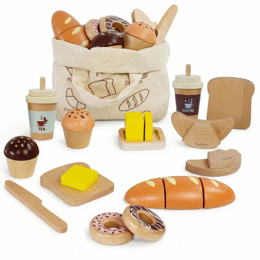 Wooden play food bakery set for kids. Includes a canvas shopping bag, cuttable bread, donuts, coffee cups, and butter for pretend play kitchens.