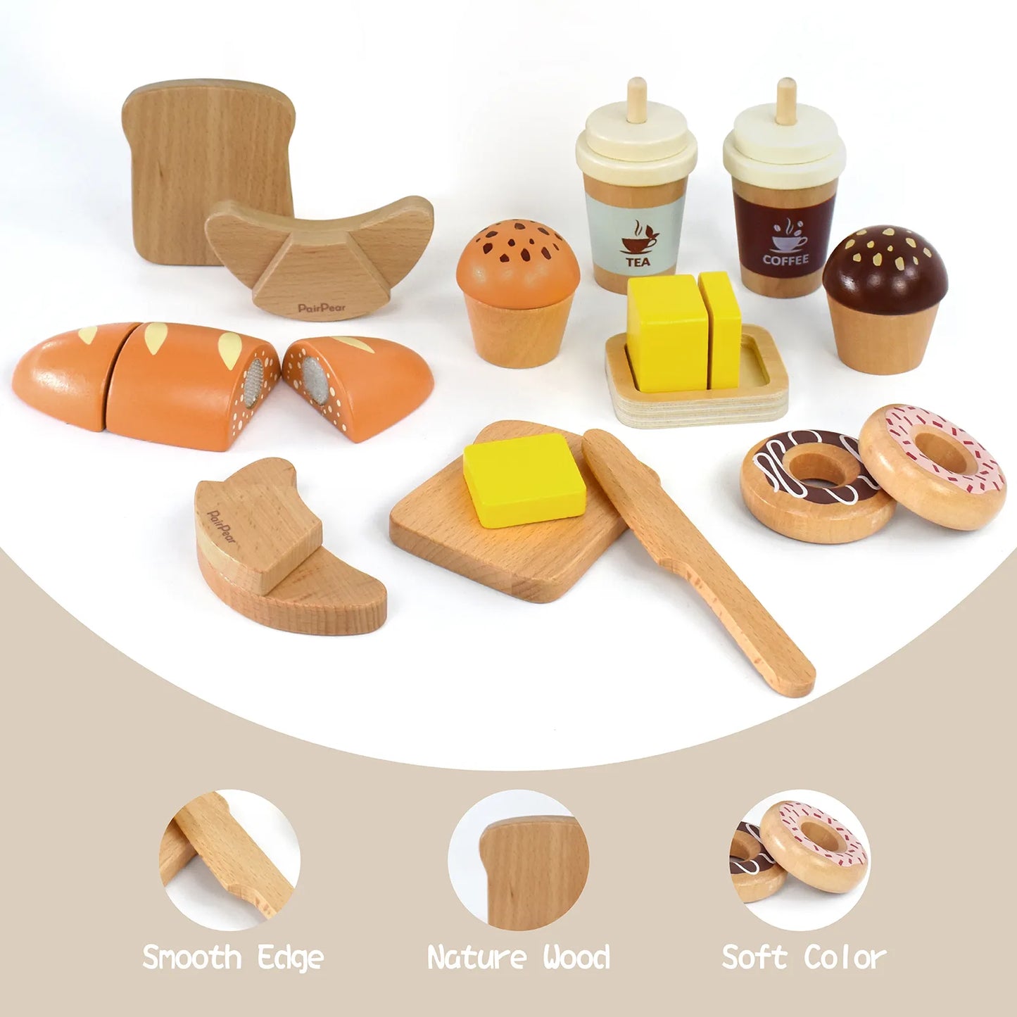 Details of the safe wooden play food set for toddlers. Highlighting smooth edges, natural wood, soft colors, cuttable toy bread, and butter.
