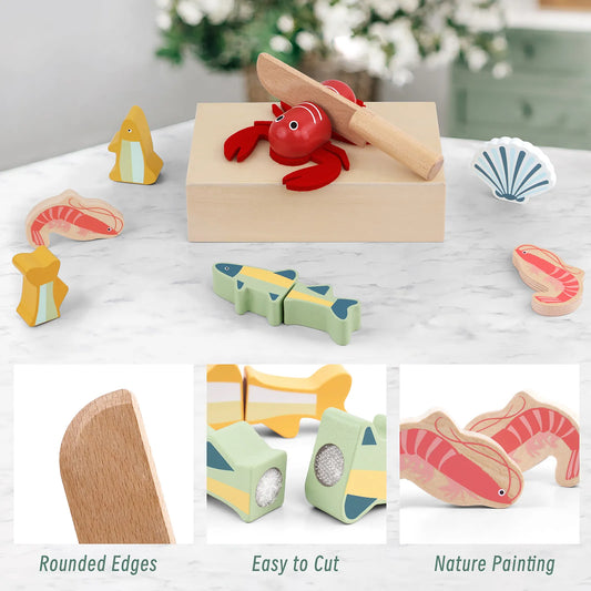 PairPear wooden seafood play food set with toy knife cutting lobster. Features safe rounded edges, non-toxic paint, and velcro for easy slicing