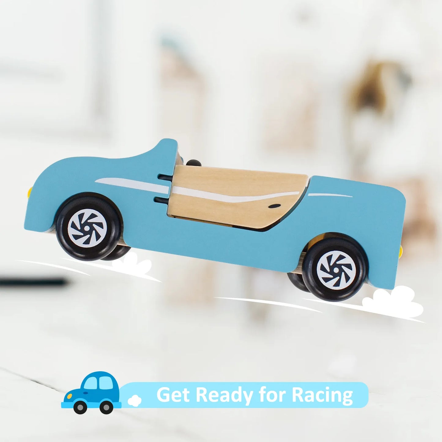 Blue wooden dollhouse family car in mid-air, getting ready for racing. This durable kids toy car features smooth rolling wheels for active play.