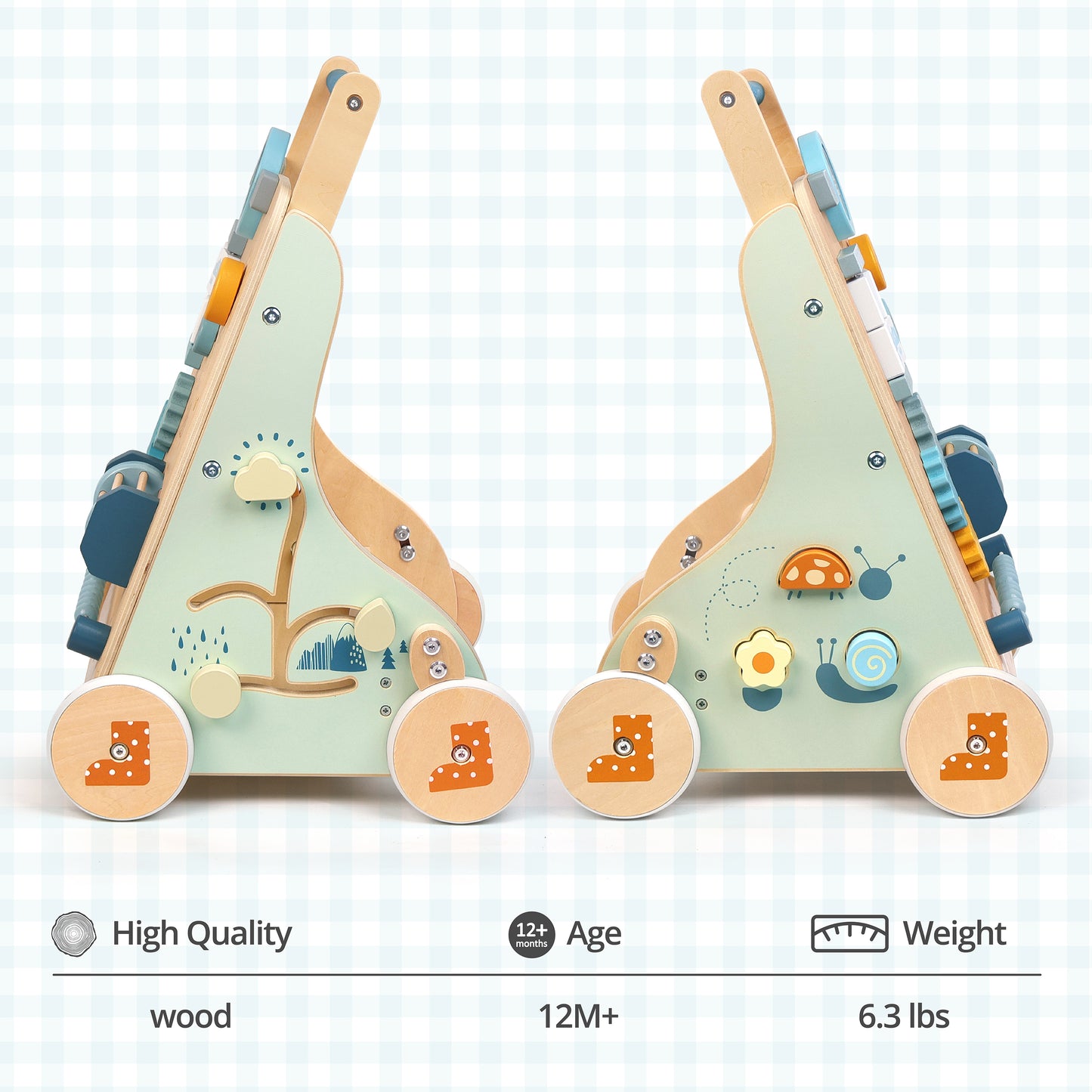 High-quality wooden baby walker side view. This sturdy 6.3 lbs toddler push toy is designed for kids 12+ months to learn walking safely.