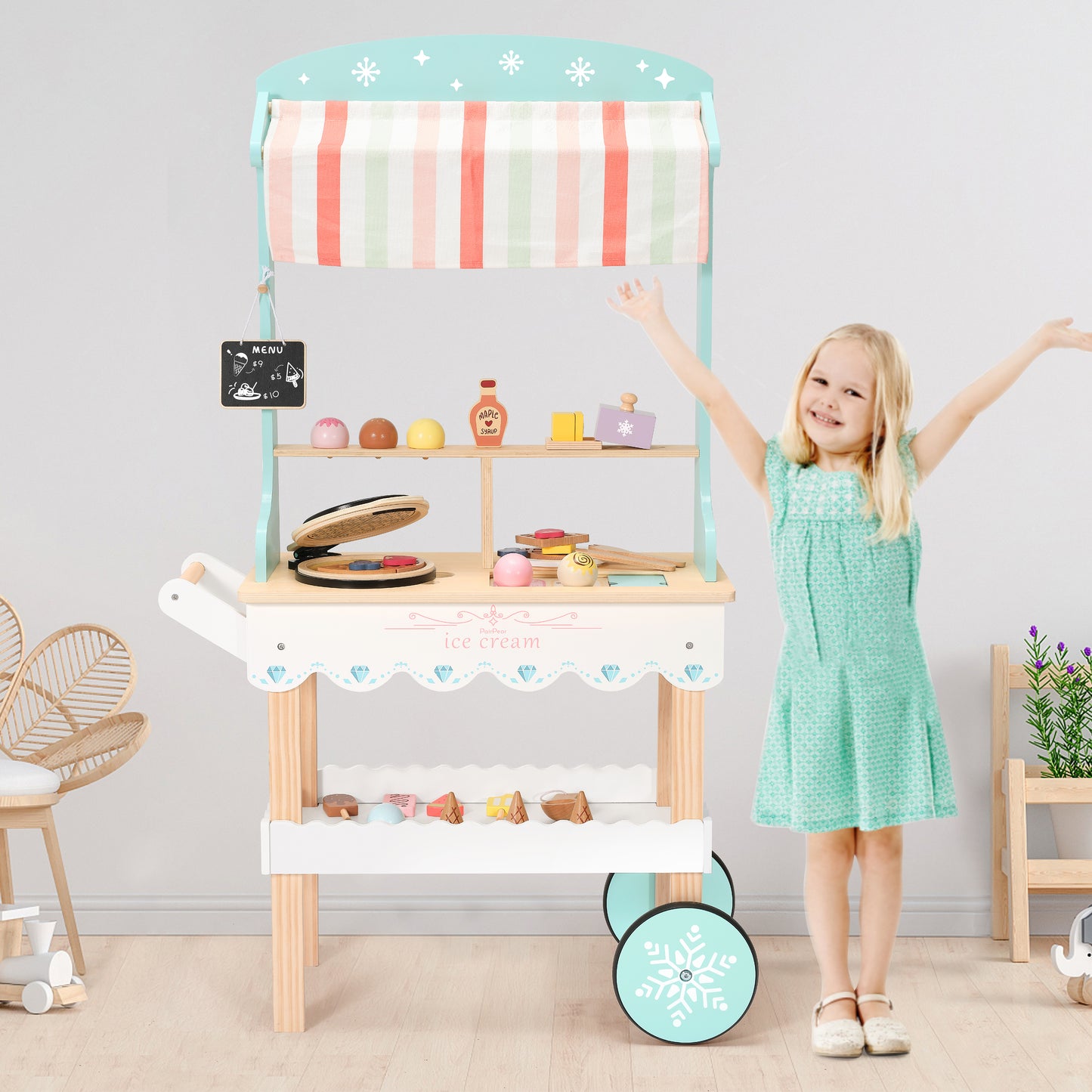 PairPear Large Wooden Ice Cream & Grocery Cart, 2 in 1 Pretend Play Ice Cream Truck Market Stand with 15 Play Food Pieces, Rolling Food Truck Toy for Kids Ages 3+