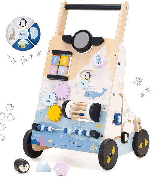 PairPear Polar Explorer Wooden Baby Walker, Montessori 9-in-1 Activity Push Walker Activity Center Toys with Adjustable Speed & Height, Penguin Mirror, Shape Sorter Learning Toys Gift for Toddler 1-3
