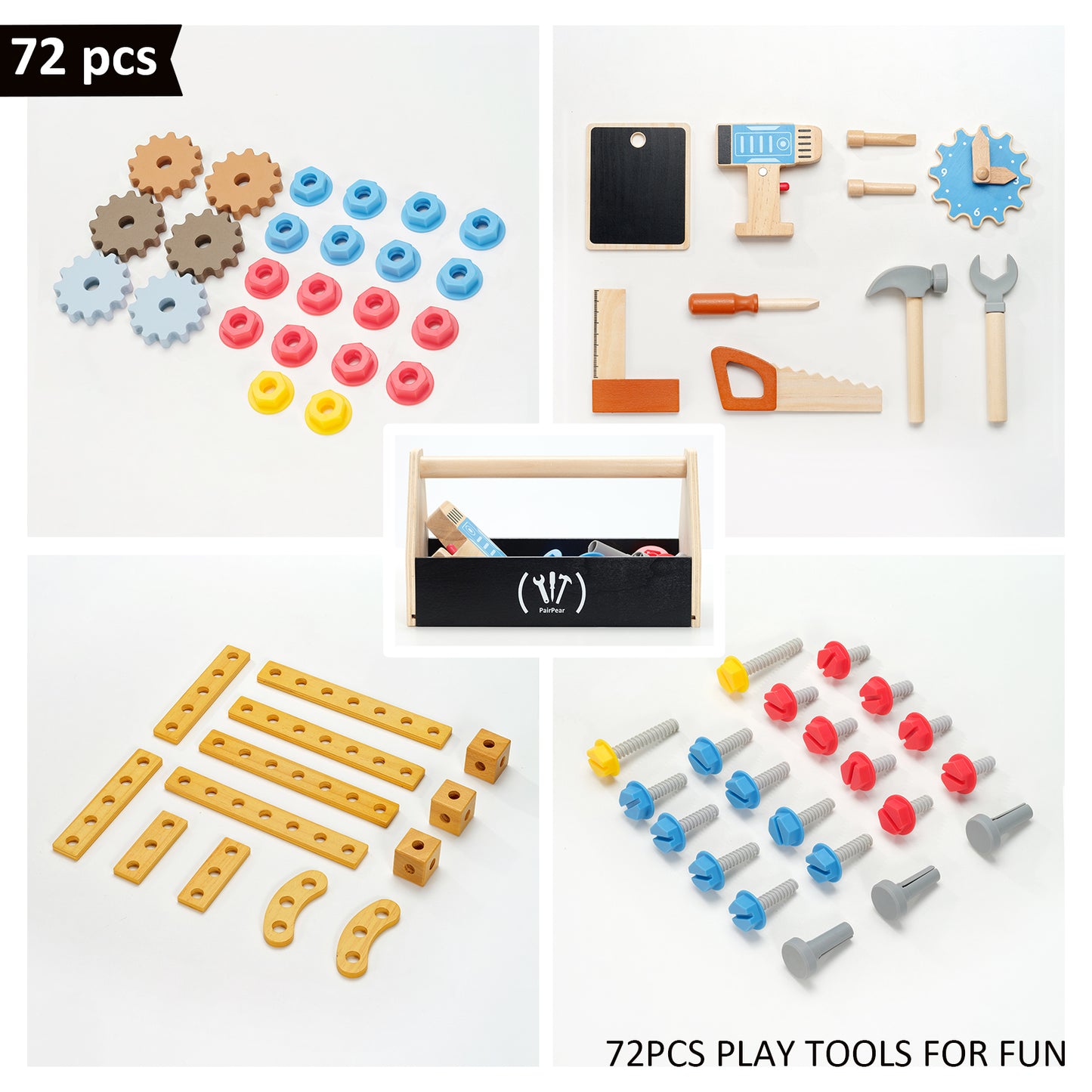 PairPear Wooden Kids Tool Bench & Carry Toolbox – 71 Pcs Pretend Play Tool Workbench with Drills, Kids Construction Toy Workbench Workshop for Boys Girls Age 3+