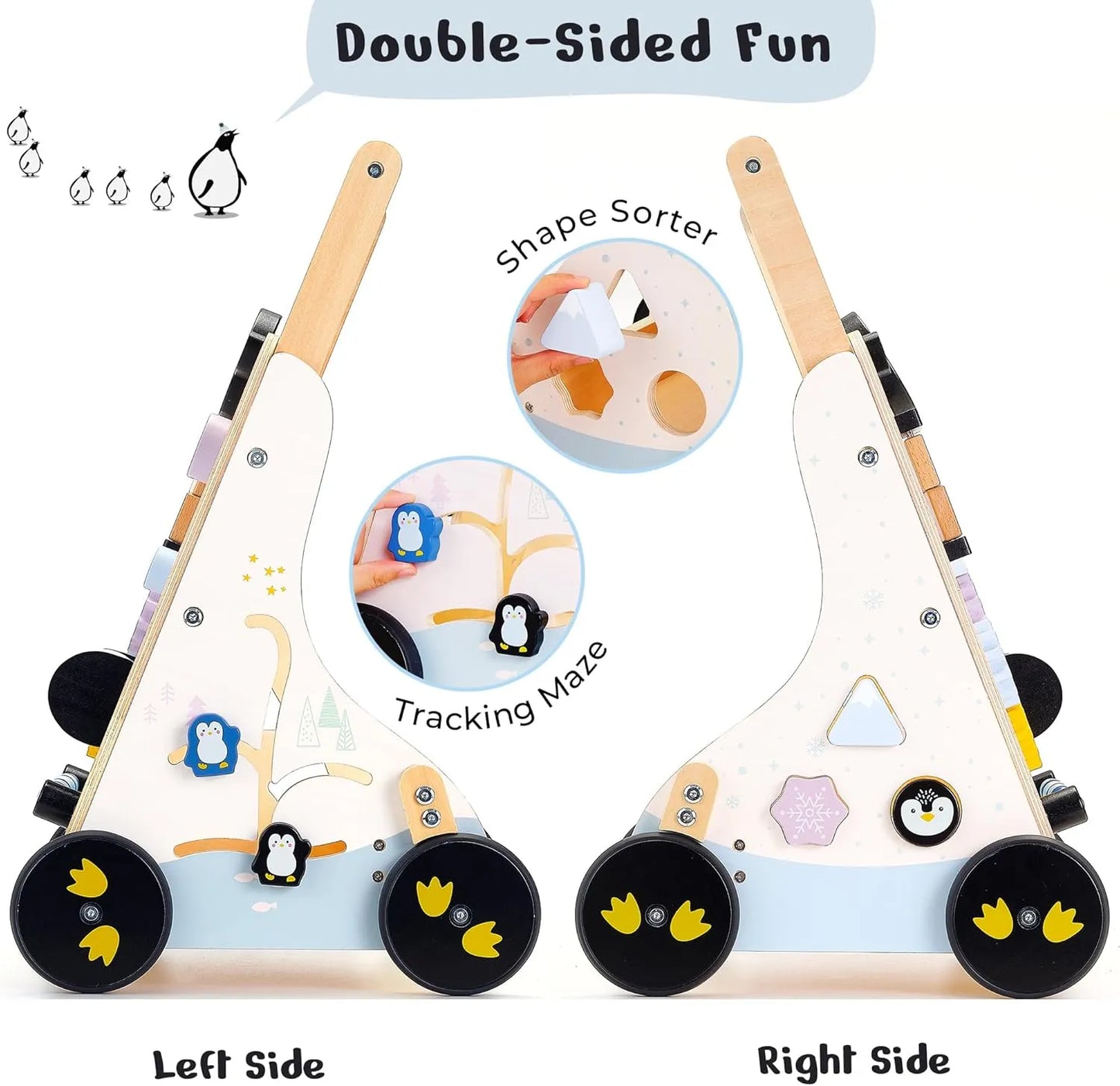 Close up of the double side fun on the PairPear Montessori baby walker