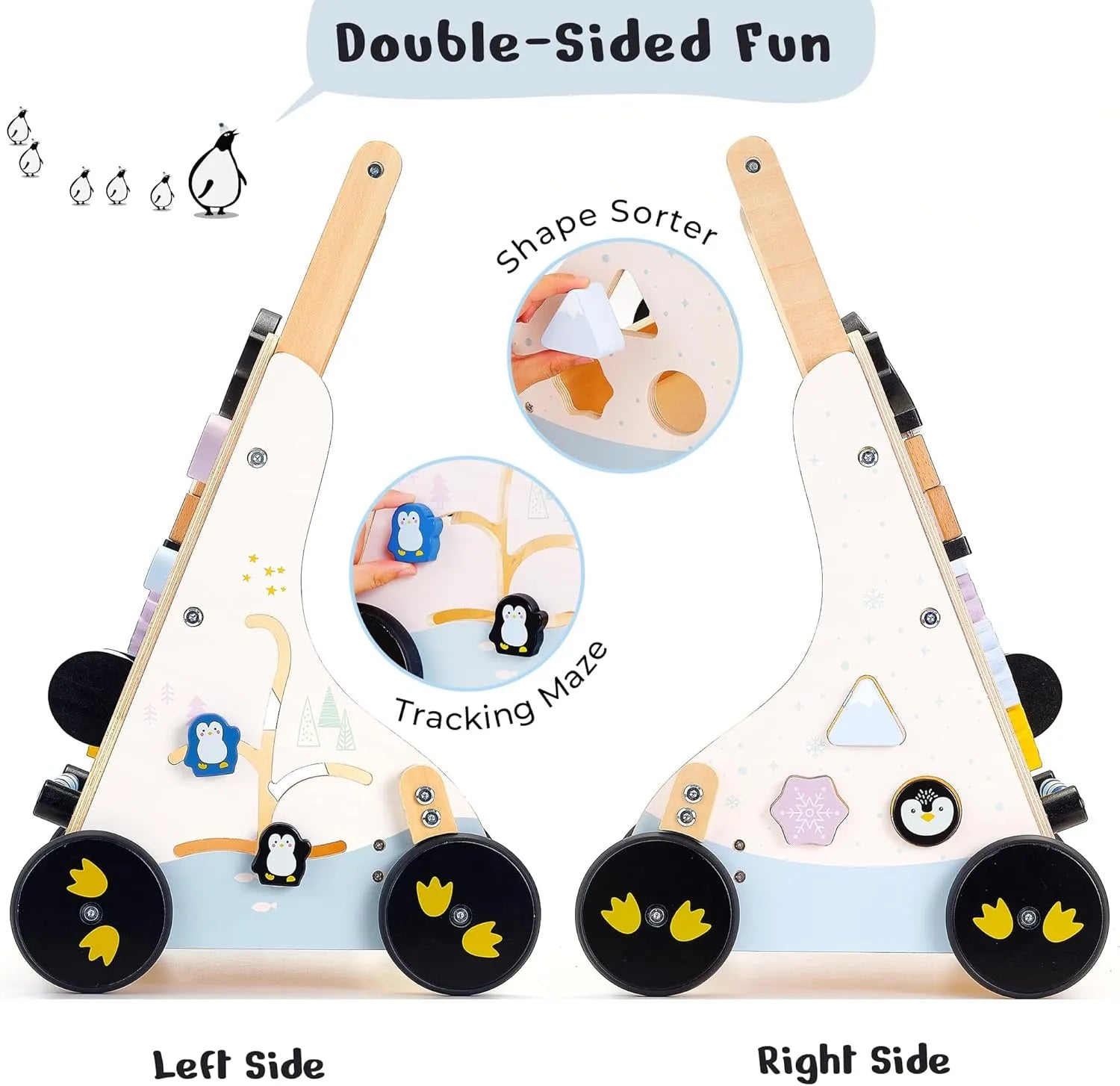 Close up of the double side fun on the PairPear Montessori baby walker