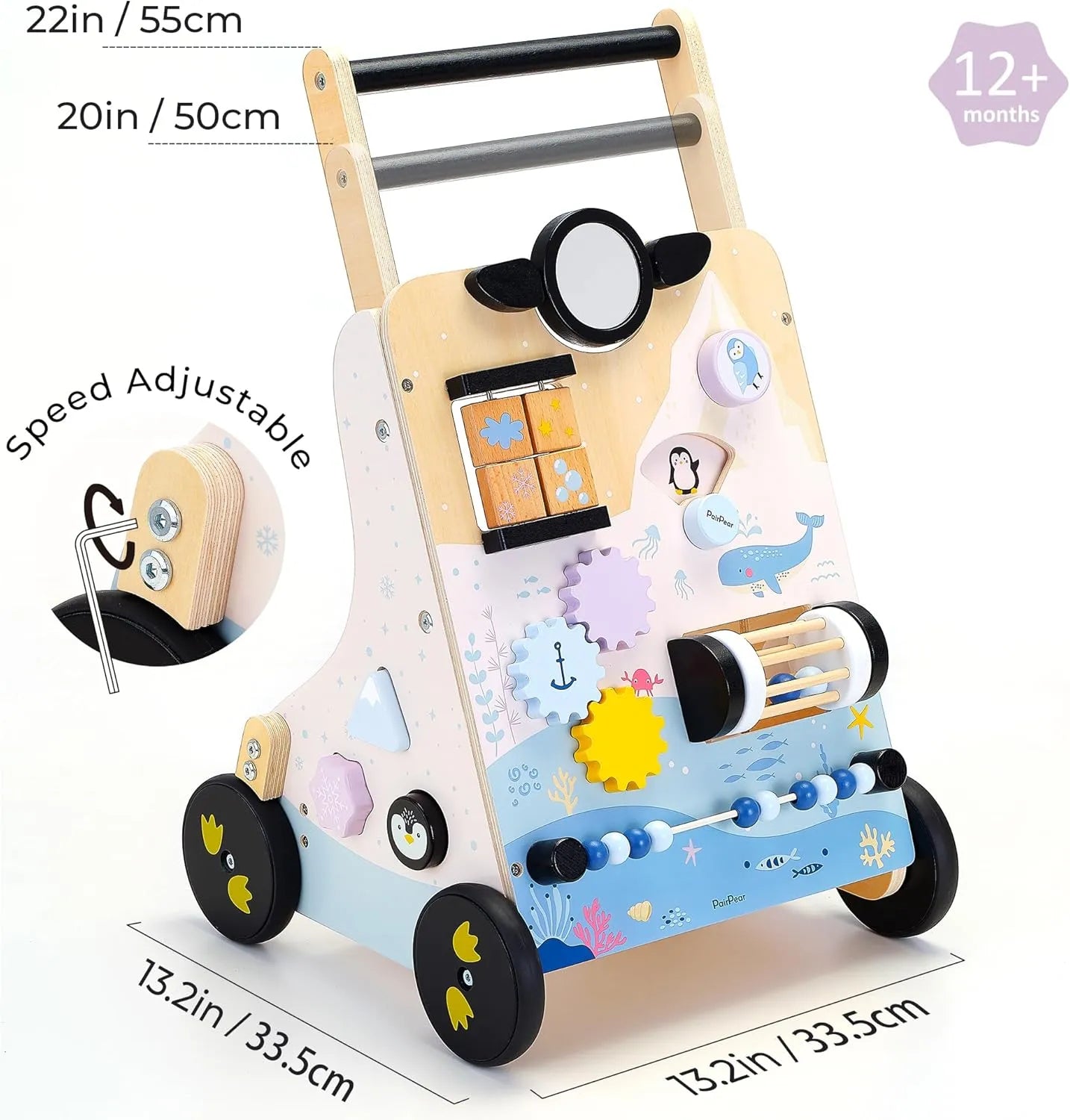 Size of the PairPear polar explorer wooden baby walker with 9-in-1 activity center