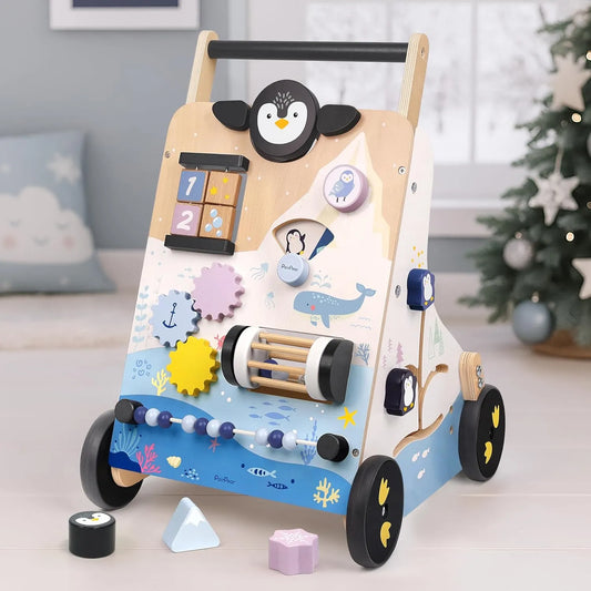 PairPear polar explorer wooden baby walker with 9-in-1 activity center