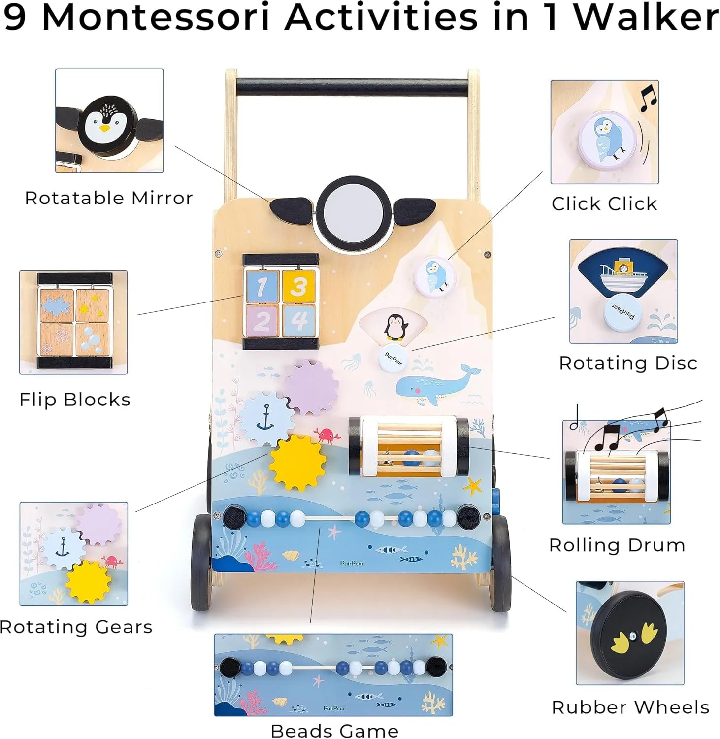 9-in-1 montessori activity center on the wooden baby walker
