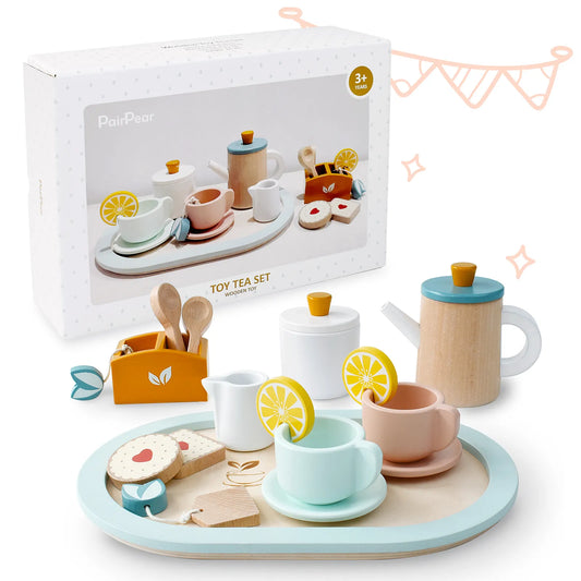 PairPear wooden toy tea set with a gift box. This 19-piece kids pretend play kit includes a serving tray, teapot, cups, and play food cookies.