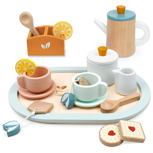 Complete set of kids wooden tea party toys. Features a sturdy tray, wooden teapot, teacups with attachable lemon slices, and play food biscuits.