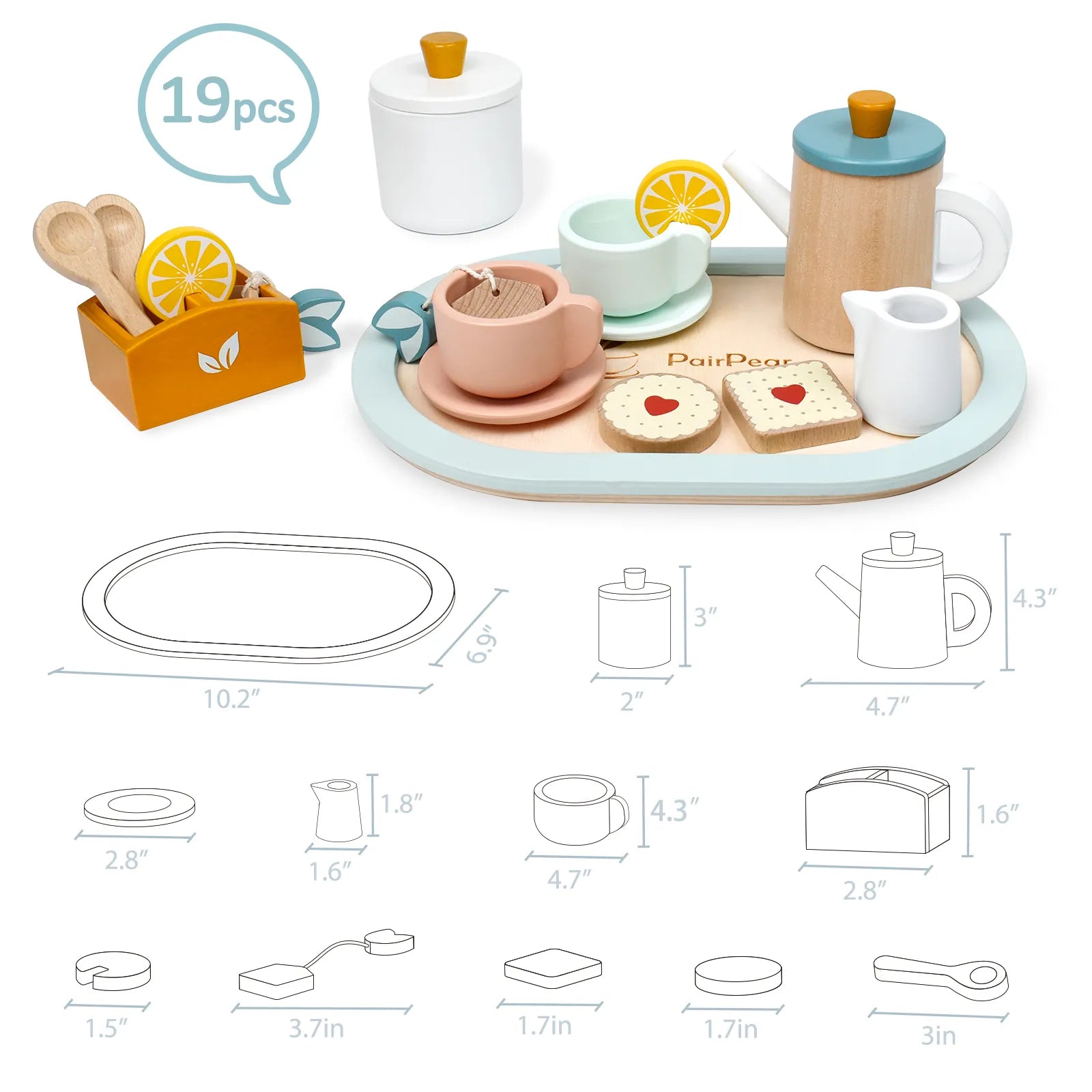19-piece kids wooden toy tea set with detailed size dimensions. Safe and durable pretend play food accessories including a 10.2-inch serving tray.