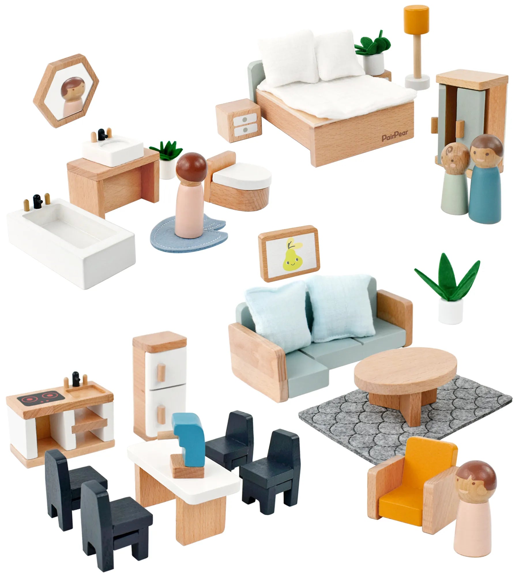 35-piece wooden dollhouse furniture set. This kids pretend play kit features a miniature living room, bedroom, bathroom, kitchen, and cute peg dolls.