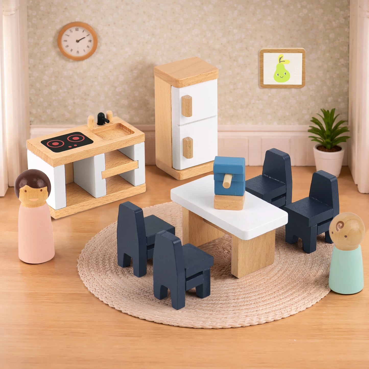 Pretend play wooden dollhouse kitchen and dining room furniture. This miniature set includes a toy fridge, stove, dining table, chairs, and peg dolls.