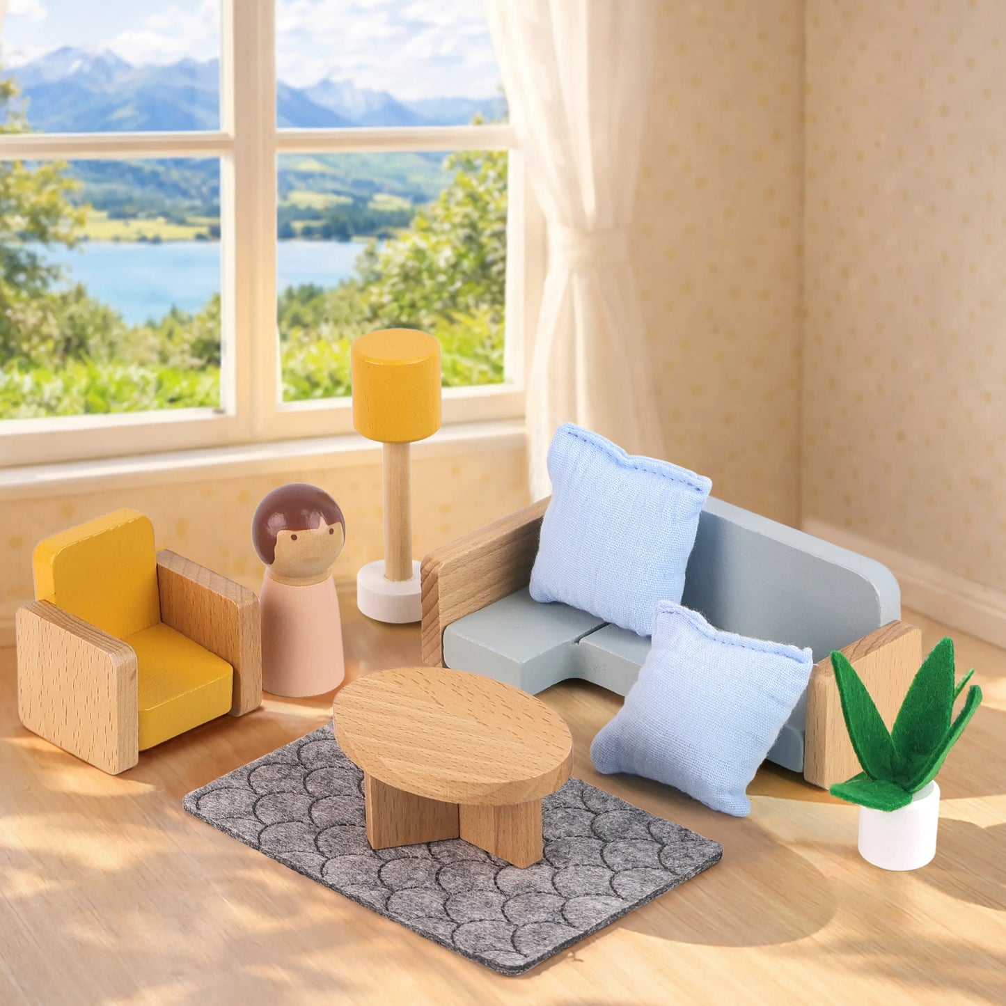 Cozy miniature living room setup from the wooden dollhouse furniture set. Includes a wooden sofa with soft pillows, an armchair, coffee table, and rug.