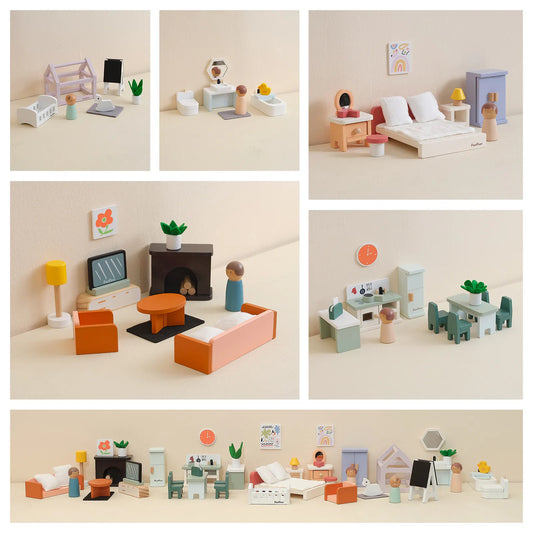 Wooden dollhouse furniture set for kids. Features miniature living room, bedroom, bathroom, and kitchen accessories with cute peg dolls for pretend play