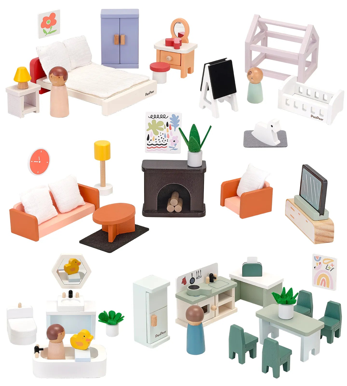 Complete 56-piece wooden dollhouse furniture set. This kids pretend play toy includes miniature beds, sofas, kitchen sets, peg dolls, and tiny decor