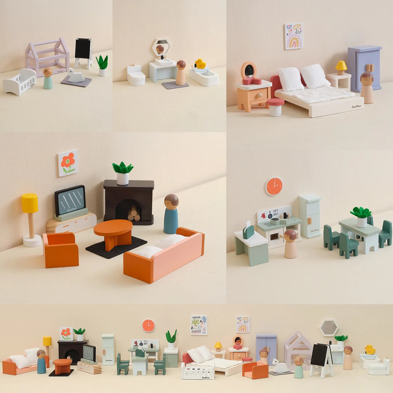 Beautifully crafted miniature wooden furniture for dollhouses. This kids pretend play set includes a cozy living room, bedroom, and kitchen accessories