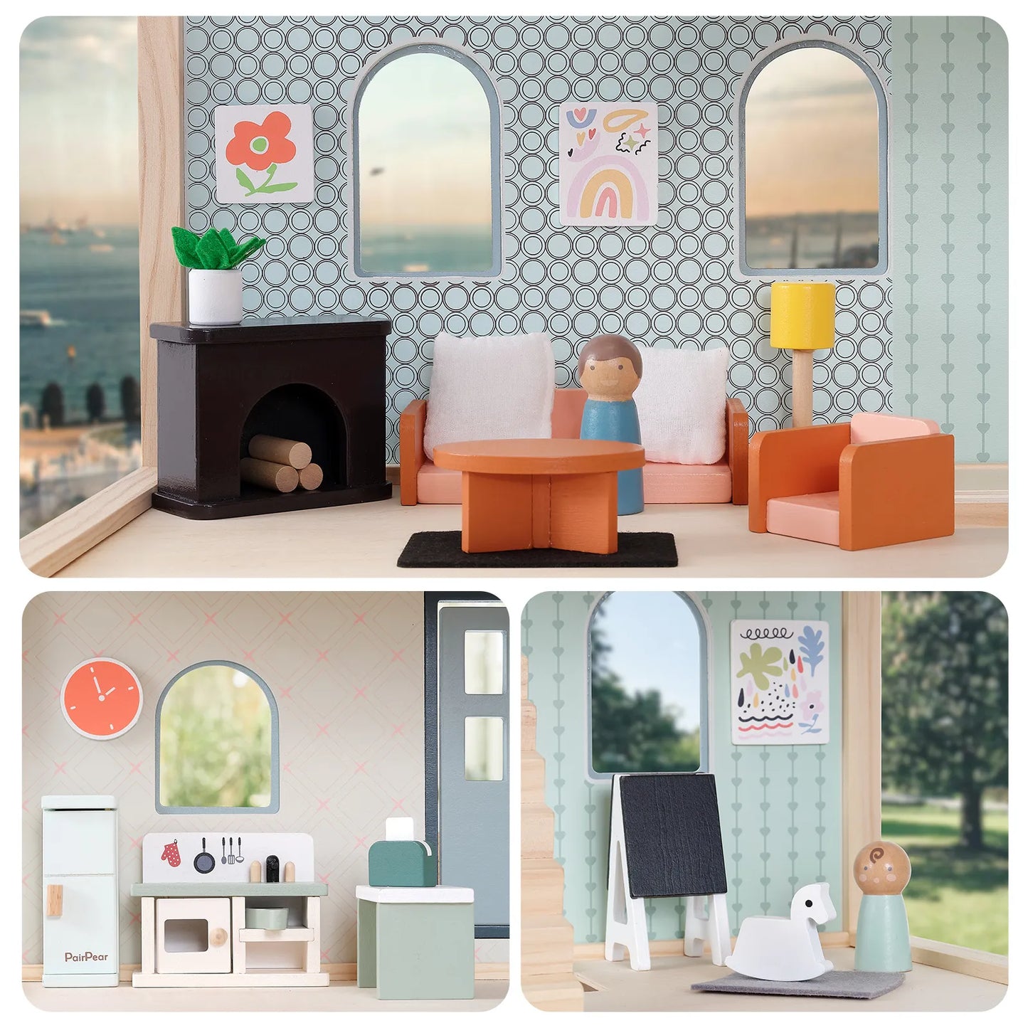 Kids wooden dollhouse furniture set inside a toy house. Features a miniature living room setup, kitchen, and peg dolls enjoying imaginative pretend play
