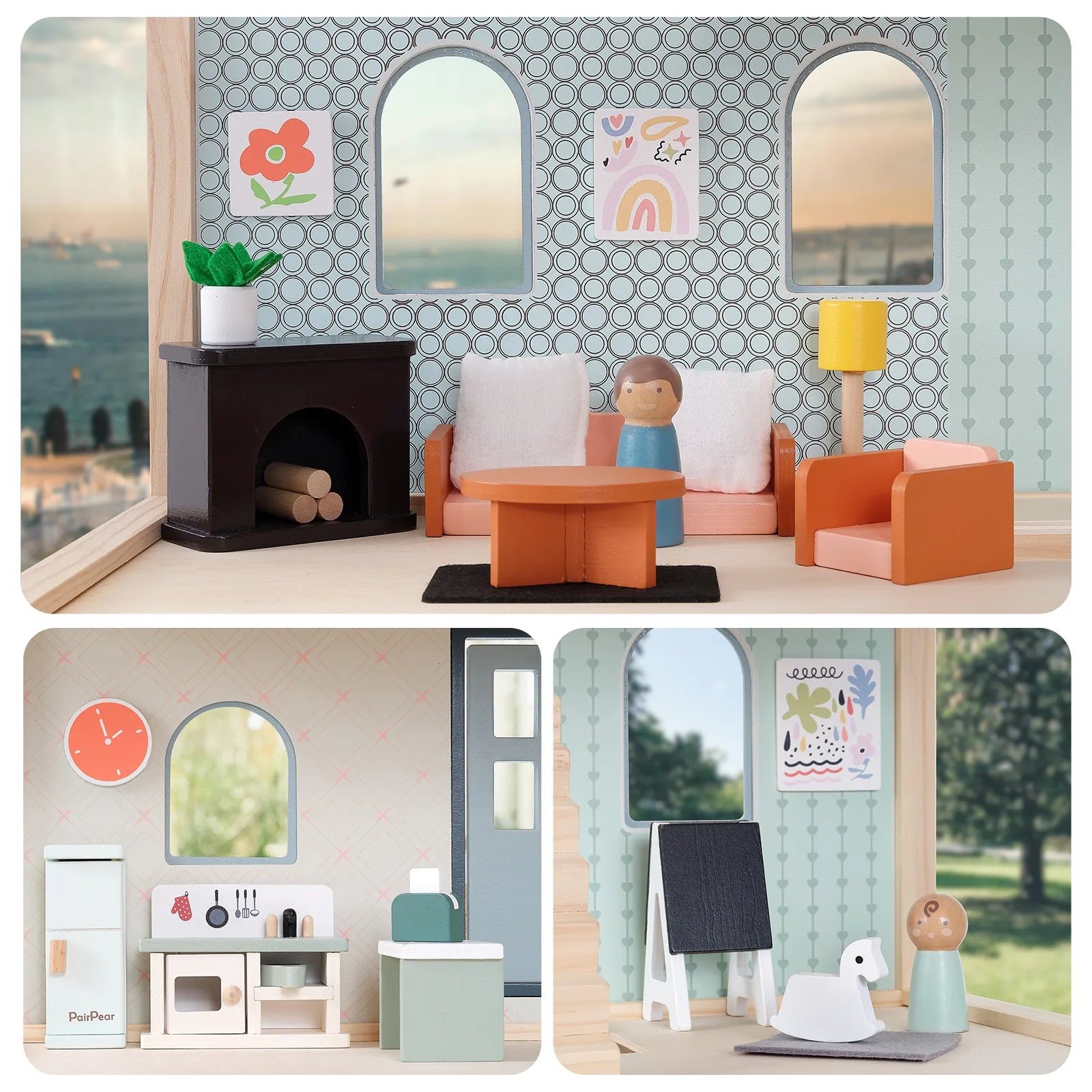 Kids wooden dollhouse furniture set inside a toy house. Features a miniature living room setup, kitchen, and peg dolls enjoying imaginative pretend play