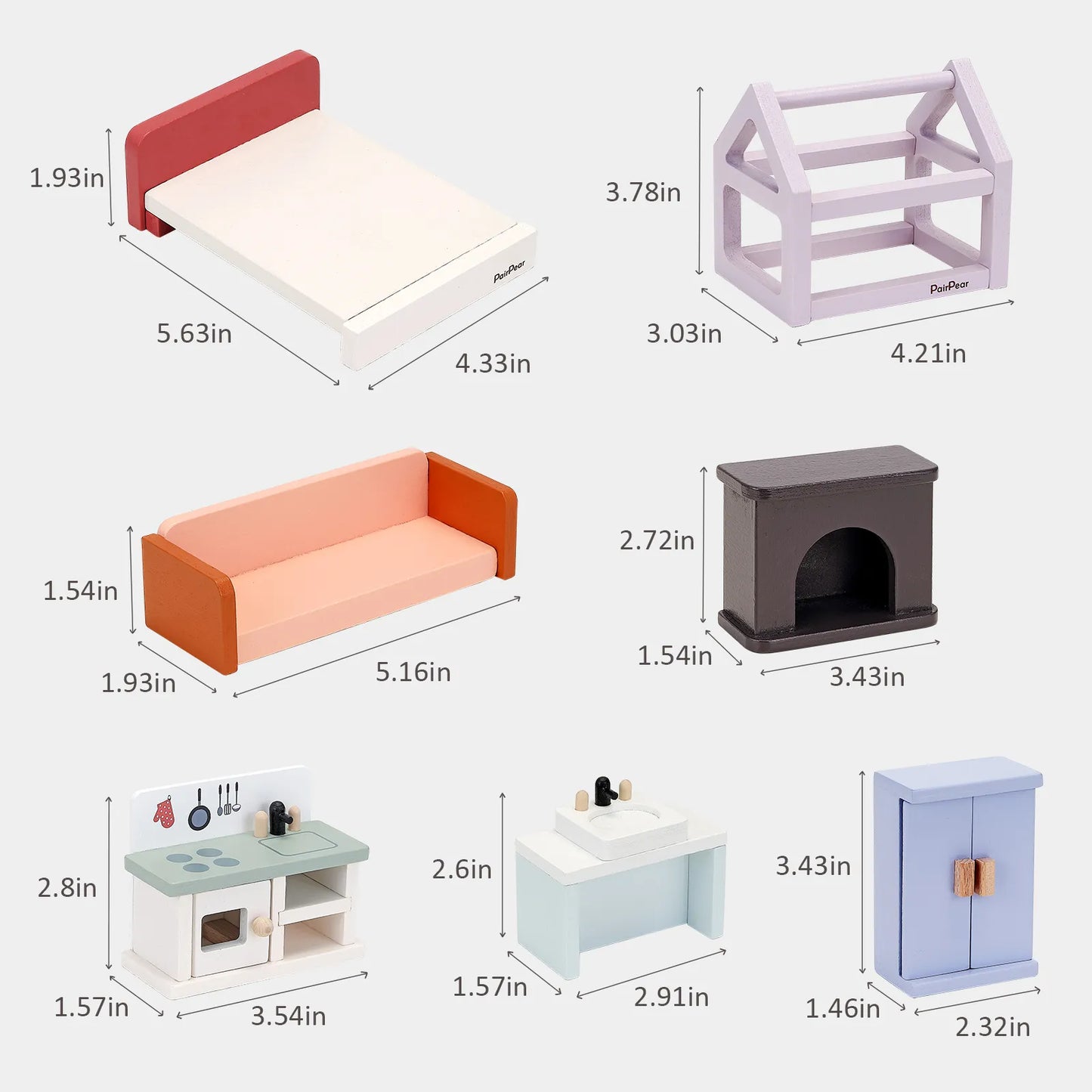 Detailed size dimensions of the wooden dollhouse furniture set. Shows measurements for the miniature bed, sofa, kitchen counter, and other accessories