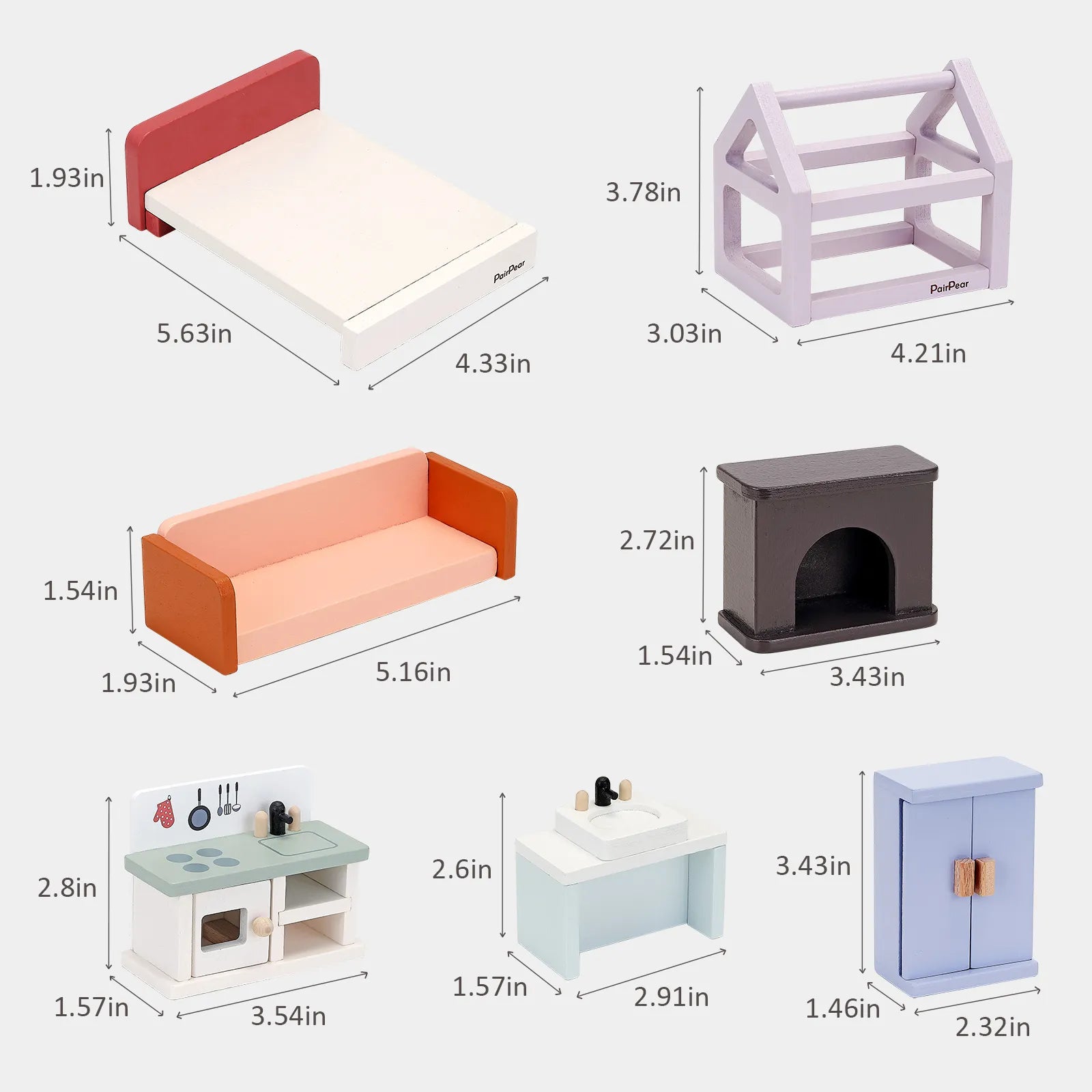 Detailed size dimensions of the wooden dollhouse furniture set. Shows measurements for the miniature bed, sofa, kitchen counter, and other accessories