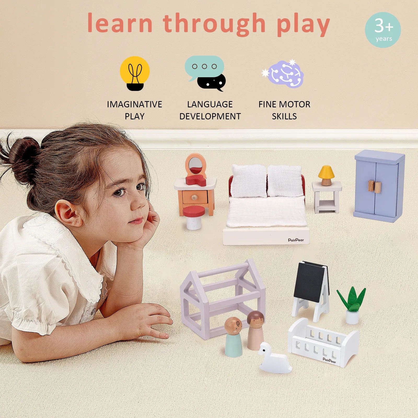 Toddler girl playing with a wooden dollhouse furniture set. This miniature pretend play toy encourages imaginative play, language, and motor skills