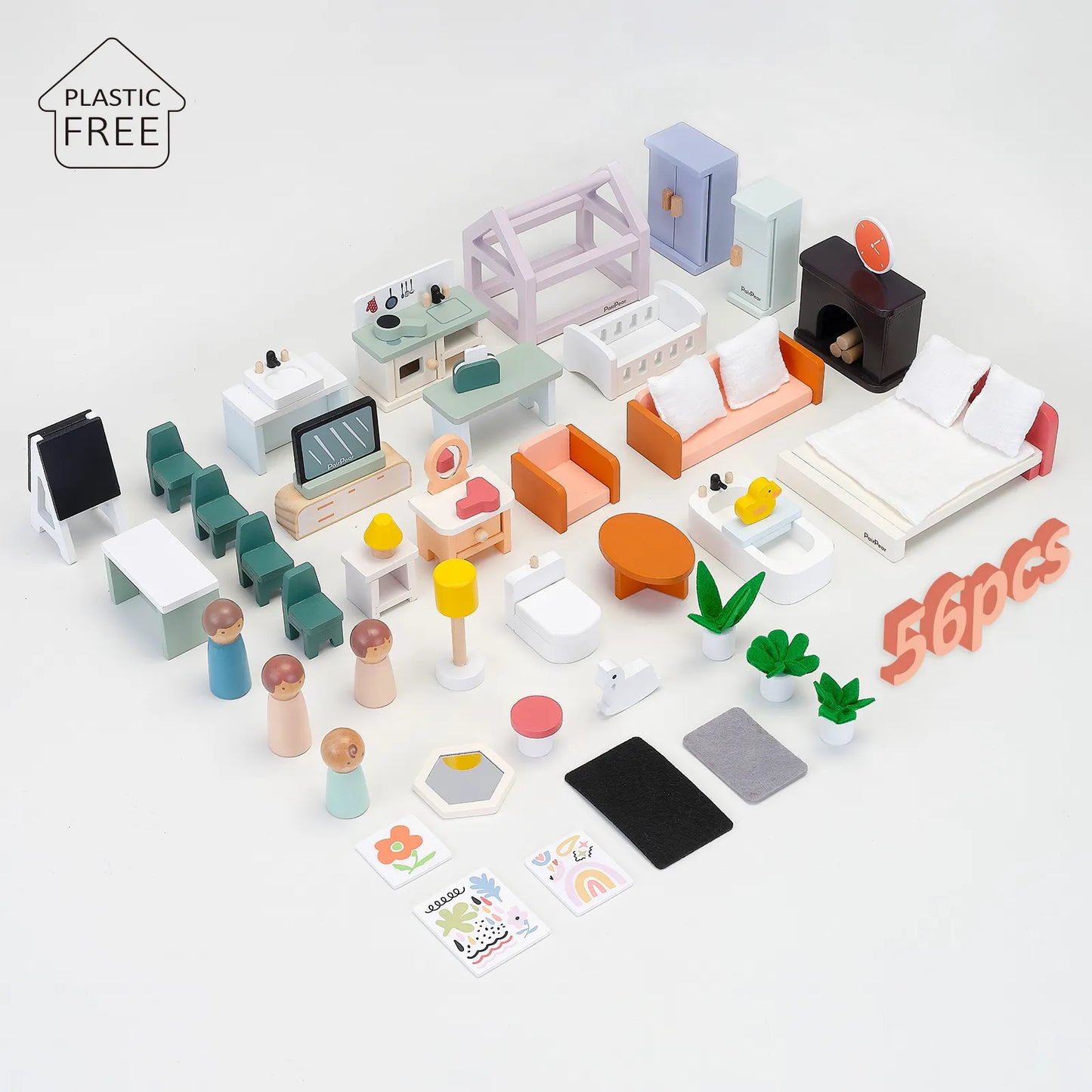 Plastic-free 56-piece wooden dollhouse furniture set. Eco-friendly miniature toy set featuring peg dolls, living room, and bedroom pretend play accessories