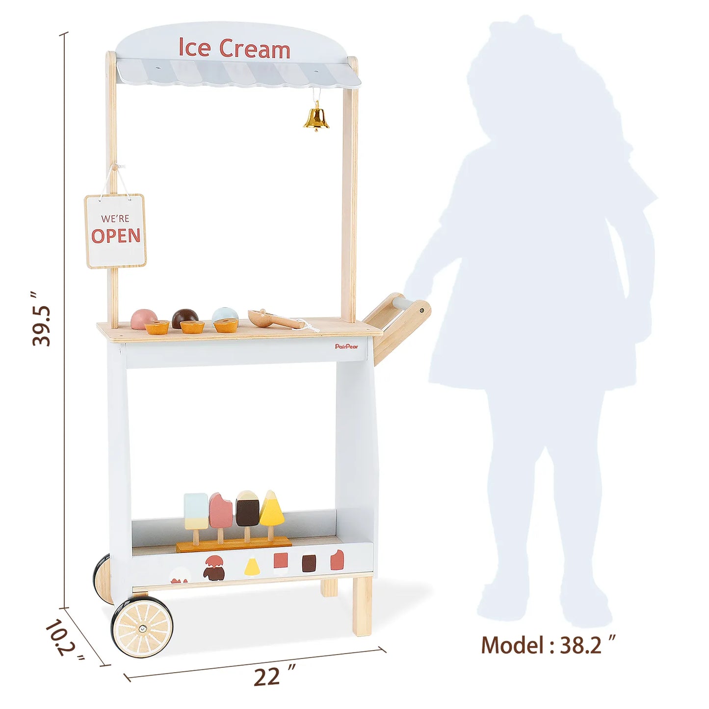 Size dimensions of the kids wooden ice cream cart. Measuring 39.5 inches tall, this pretend play food stand is the perfect height for toddlers.