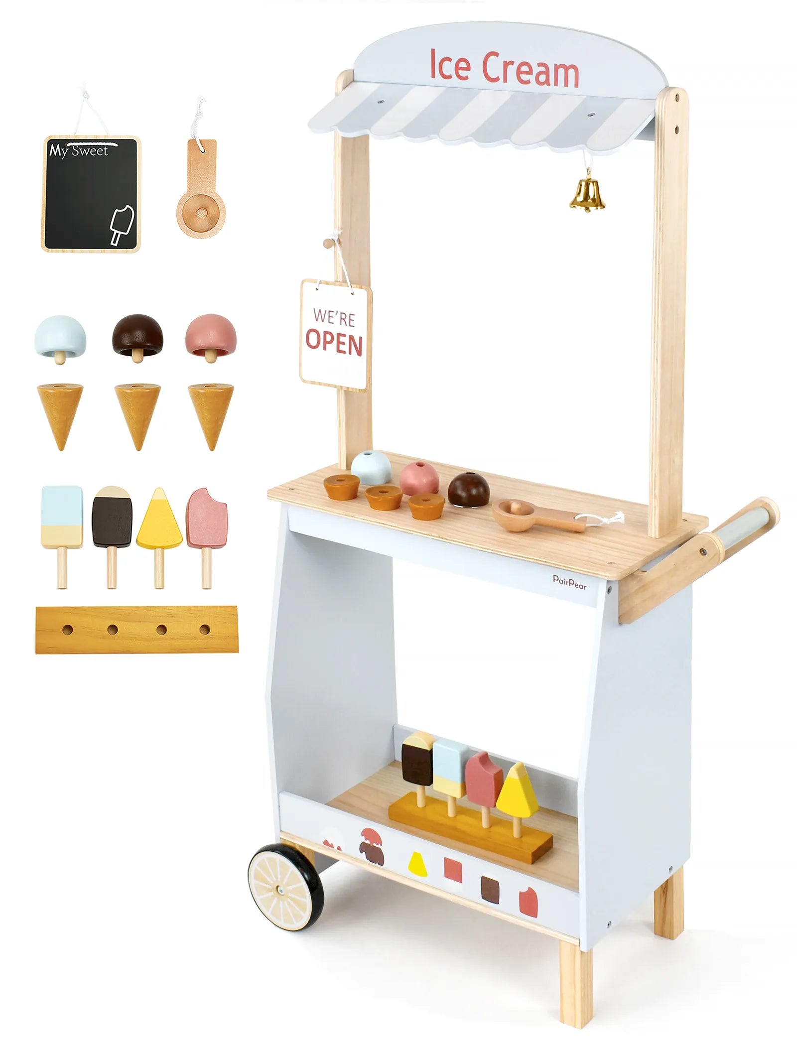Complete kids wooden ice cream cart toy set. This pretend play food kit includes a push stand, wooden popsicles, ice cream cones, and a scooper.