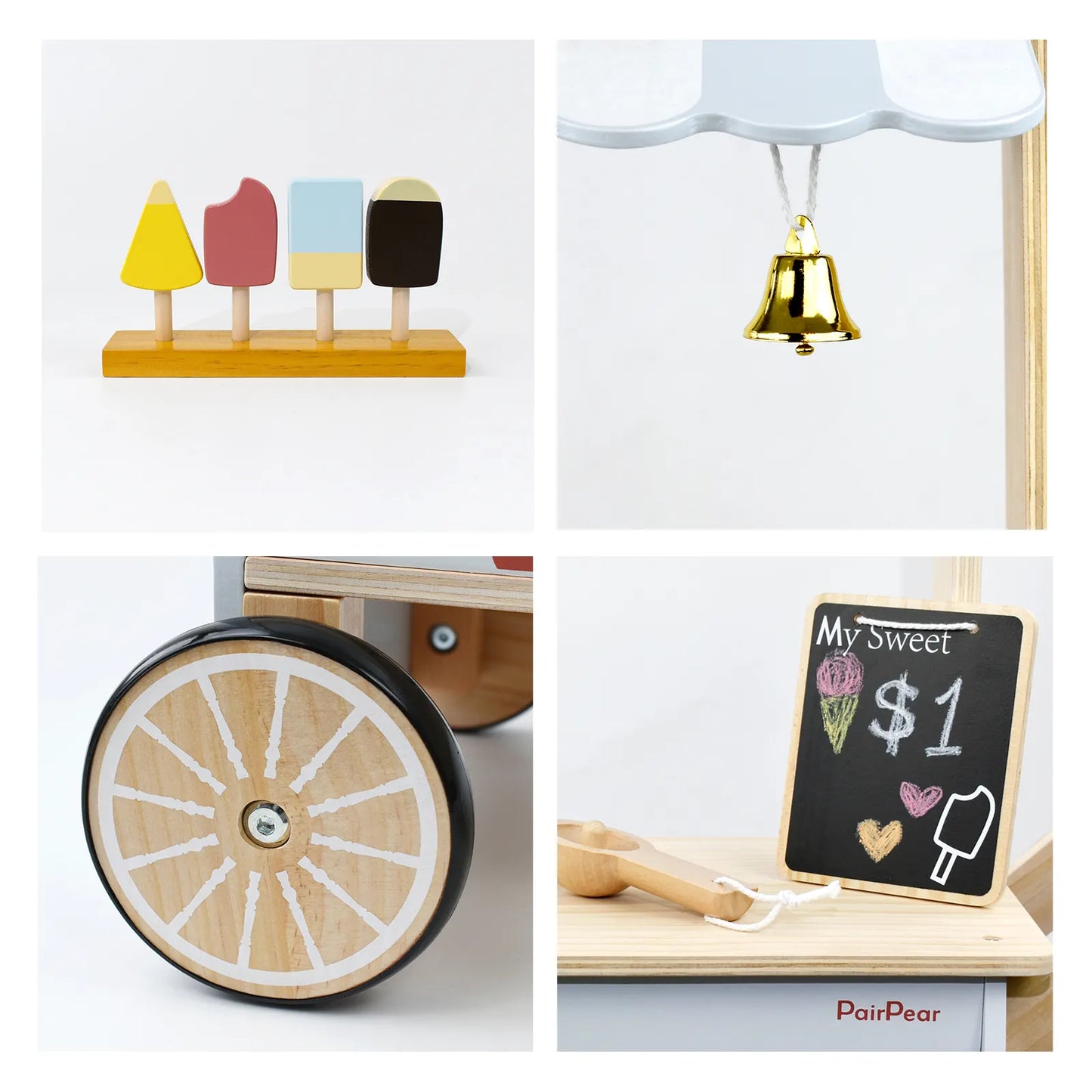 Close-up details of the toddler wooden ice cream cart. Highlighting pretend play popsicles, a golden bell, sturdy wheels, and a chalkboard sign.