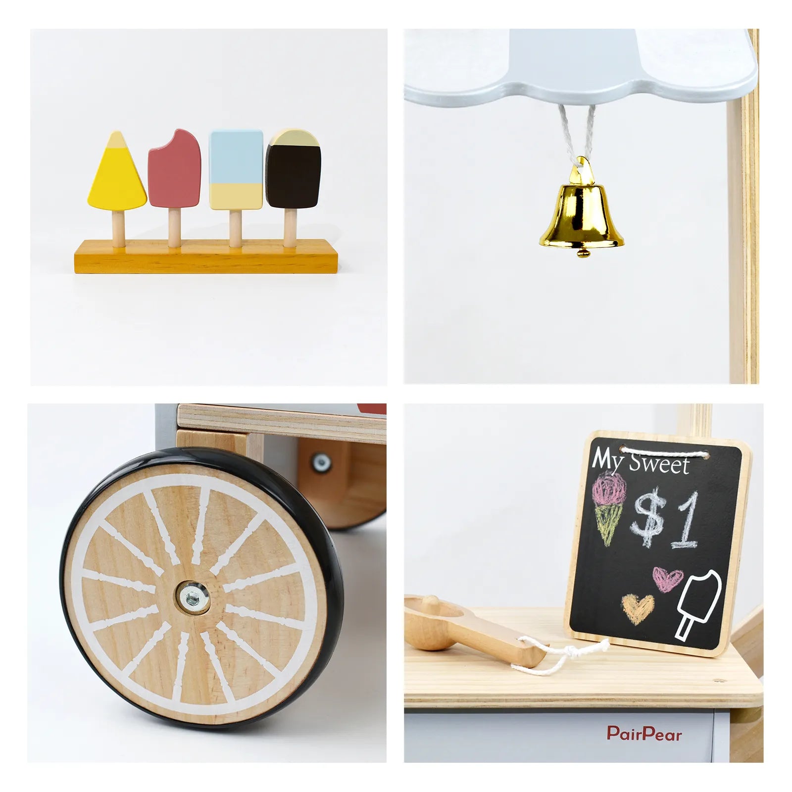 Close-up details of the toddler wooden ice cream cart. Highlighting pretend play popsicles, a golden bell, sturdy wheels, and a chalkboard sign.