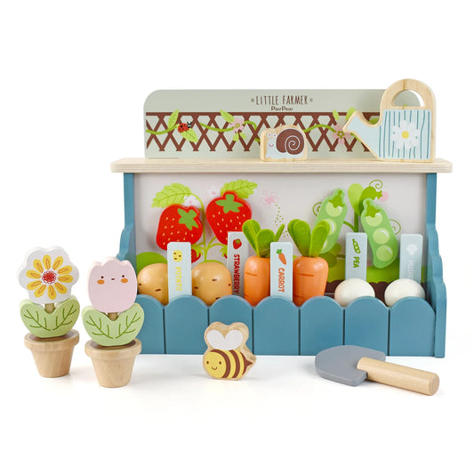 Kids wooden little farmer playset. This pretend play garden toy features planting vegetables, carrots, strawberries, and flowers on a wooden stand.