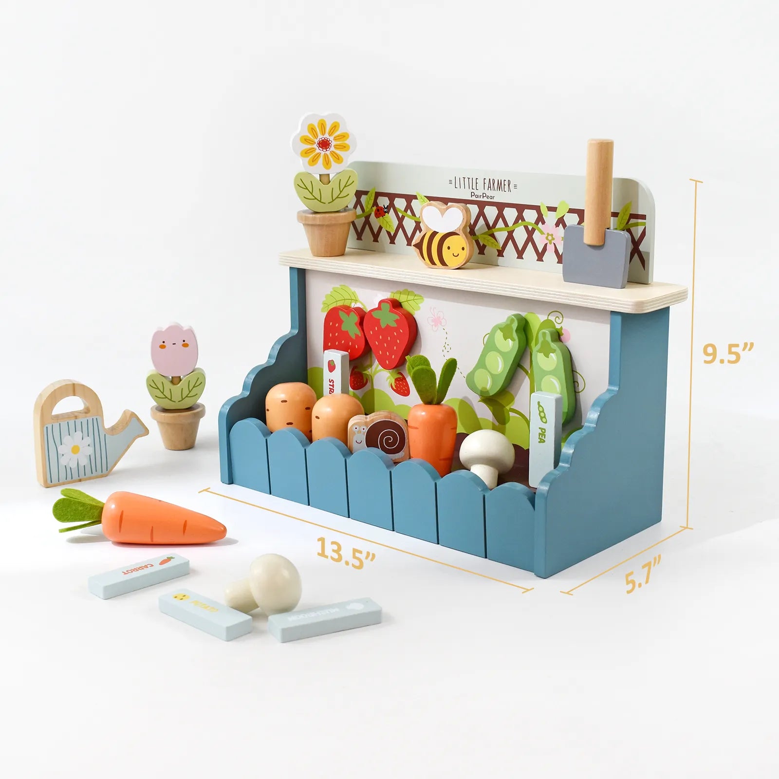 Size dimensions of the kids wooden little farmer toy set. The 13.5-inch wide pretend play garden stand includes toy vegetables and plant labels.