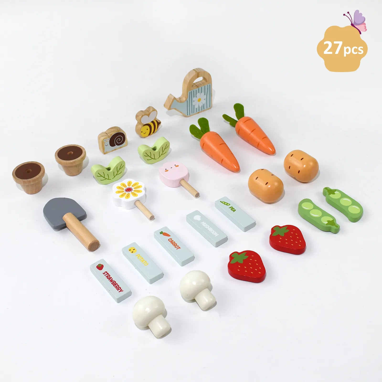 Complete 27-piece wooden play food garden set. This pretend play kit includes toy carrots, mushrooms, strawberries, plant pots, and a watering can.