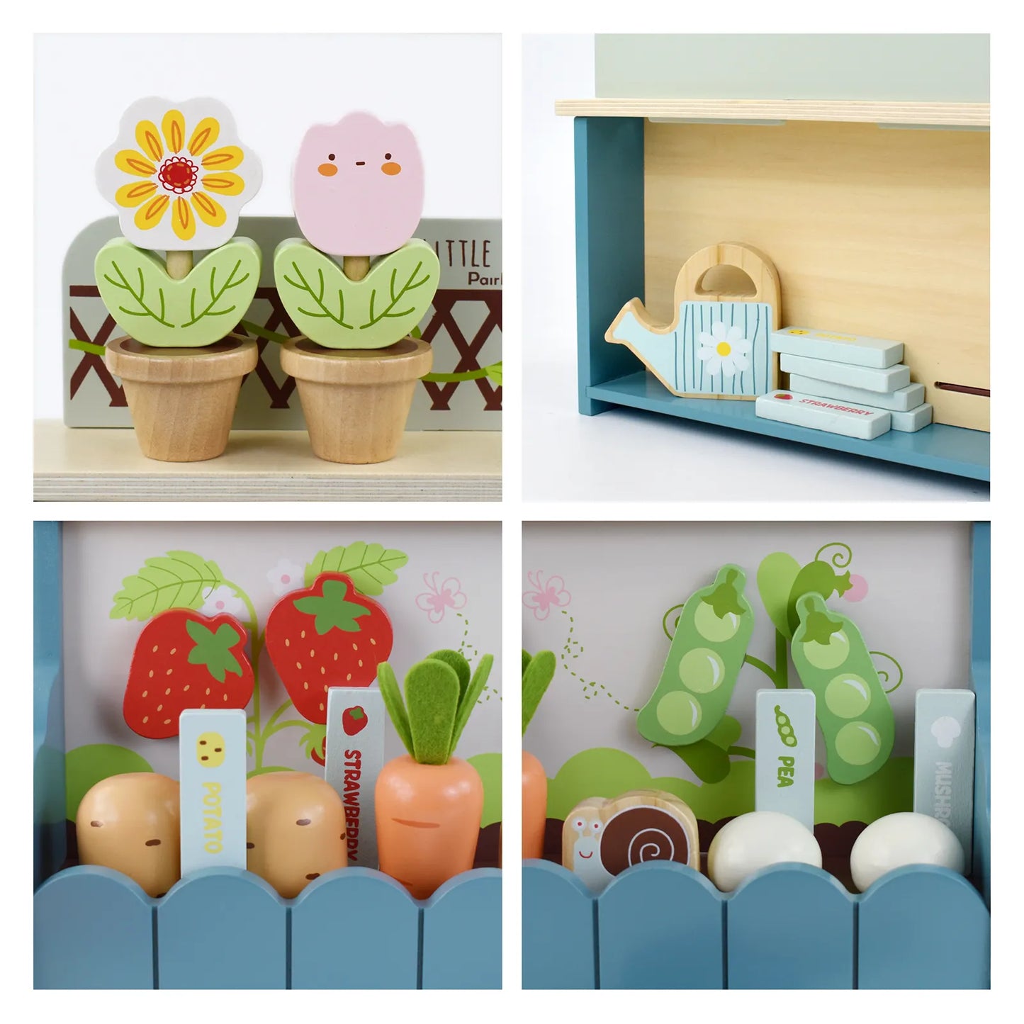 Close-up details of the wooden little farmer toy. Highlights include stackable flowers, a toy watering can, and colorful pretend play vegetables.