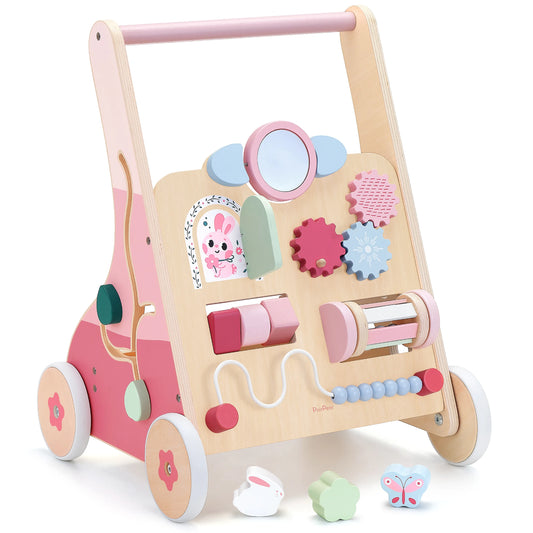 Pink wooden baby walker and activity center. Features an interactive panel with a mirror, gears, abacus, and cute bunny design for toddler learning.