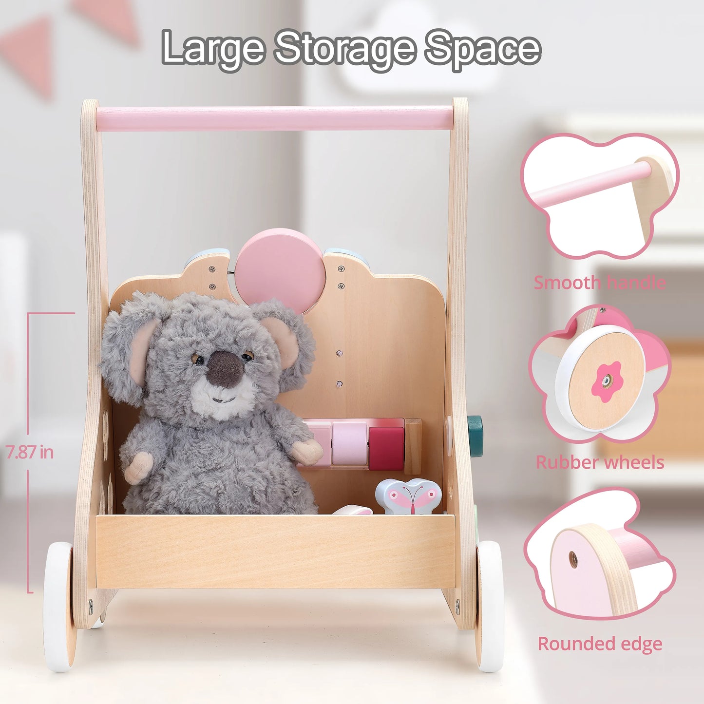 Large storage space on the back of the pink wooden baby walker. Features a smooth handle and rubber-lined wheels, perfect for carrying plush toys.